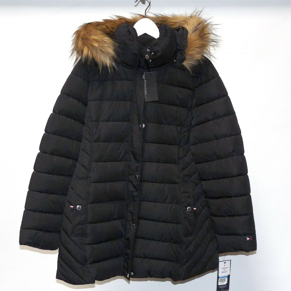 NWT Tommy Hilfiger Womens Long Quilted Down Winter Coat Size S Black $300 J078